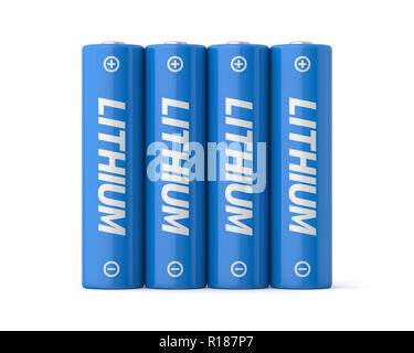 3d rendered four lithium aa batteries on a white background. Stock Photo