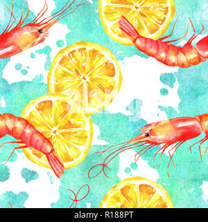 A seamless watercolor pattern with shrimps and lemons on a teal blue pattern, a fresh seafood repeat print Stock Photo