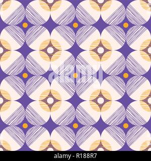 Retro Mod Style Vector Seamless Pattern with Textured Circles on Purple Background. Stylish Geometric Graphic Abstract Print. Mid-century modern backg Stock Vector