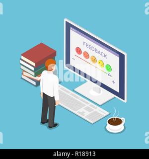 Flat 3d isometric businessman look at rating screen. Customer satisfaction feedback and rating concept. Stock Vector