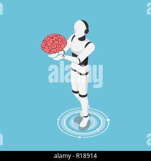Flat 3d isometric ai robot holding human brain. Artificial intelligence technology and machine learning concept. Stock Vector