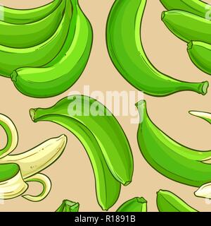green banana fruit vector pattern on  color background Stock Vector