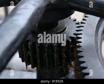 closeup image of machine gears and cogs with lubricant, selective focus, teamwork concept Stock Photo