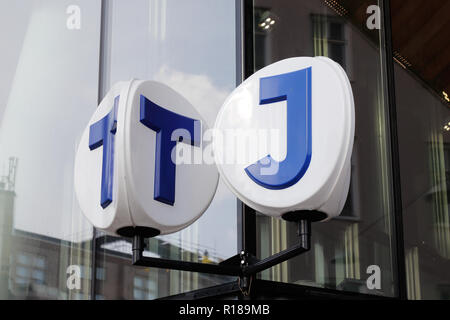 Stockholm, Sweden - September 13, 2018: Close up of signage for the Stockholm metro and commuter service at the entrance to the Stockholm City and T-C Stock Photo