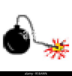 Pixel art: a cartoon-style round black bomb with a lit fuse. Stock Photo