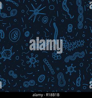 Bacterias cells seamless pattern. Microorganism collection. Vector dark doodle style composition. Stock Vector
