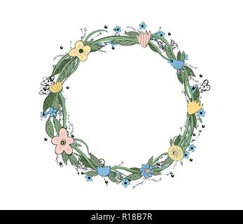 Wild flowers and leaves wreath.  Doodle style round composition with empry space for text isolated on white background.  Vector ilustration. Stock Vector