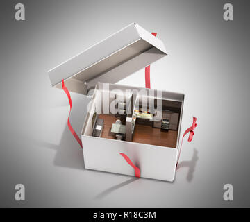 Concept apartment as a gift Kitchen interior in an open box 3d render on grey Stock Photo