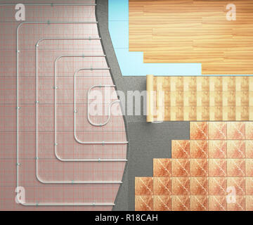 Concept of a warm floor The heating system is laid on the floor with different variants of decorative coatings 3d render Stock Photo