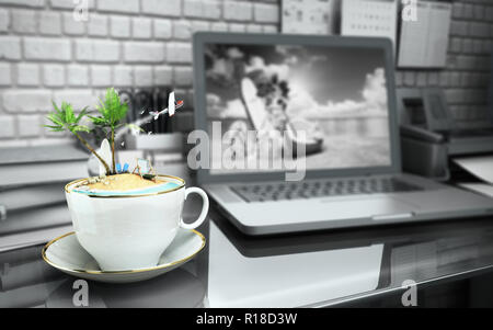 The concept of burning tours Concept travel Tropical island in a coffee cup on an office desk 3d illustration Stock Photo