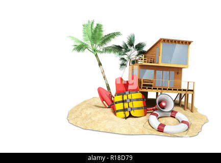 Secure beach concept Life jacket life ring and a horn and other objects on the sand 3render on white Stock Photo