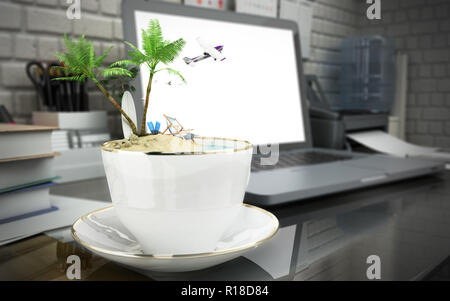 The concept of burning tours Concept travel Tropical island in a coffee cup on an office desk 3d illustration Stock Photo