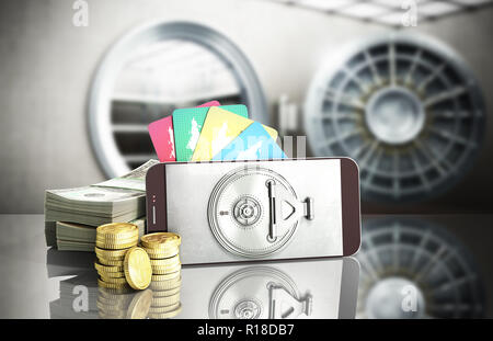 mobile banking concept mobile phone with dollar stacks coins and credit cards 3d render on glass background Stock Photo