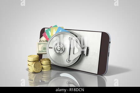 mobile banking concept mobile phone with money dollar stacks coins and credit cards 3d render on grey glass background
