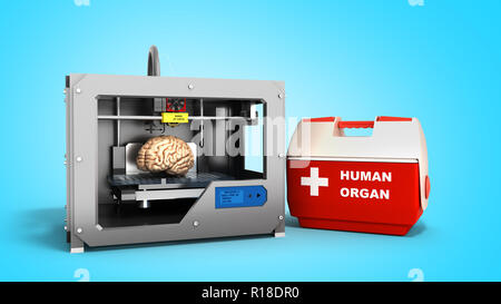 concept of transplantation process of creating human brain using 3D printer illustration isolated on blue background Stock Photo