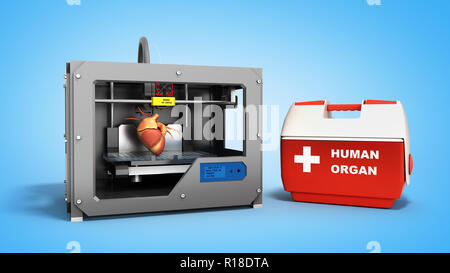 concept of transplantation process of creating human hearts using 3D printer illustration isolated on blue background Stock Photo