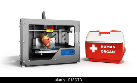 concept of transplantation process of creating human hearts using 3D printer illustration isolated on white background Stock Photo