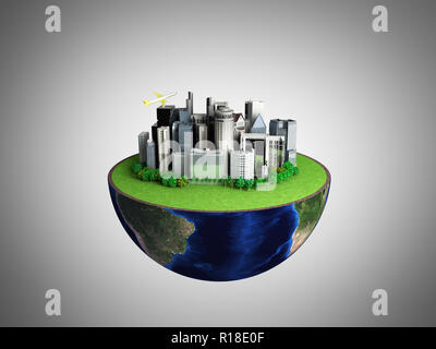 Urbanization concept with globe and city on abstract grey background 3D Rendering Stock Photo