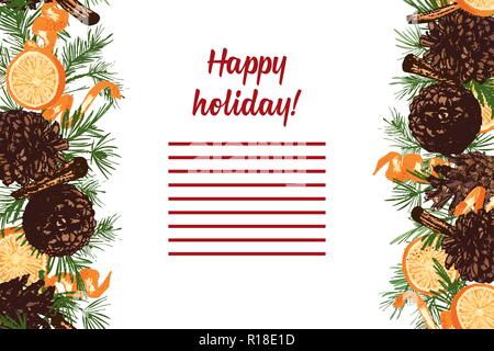 Realistic Botanical ink sketch of colorful fir tree garland with pinecone isolated on white Vertical seamless pattern For design flayer, menu, holiday card, web banner Stock Vector
