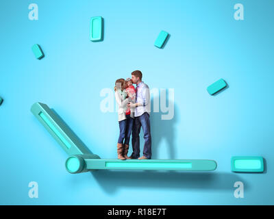 Family time concept the family is standing on the big clock arrow 3d render on blue Stock Photo