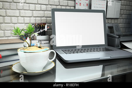 The concept of burning tours Concept travel Tropical island in a coffee cup on an office desk 3d illustration Stock Photo