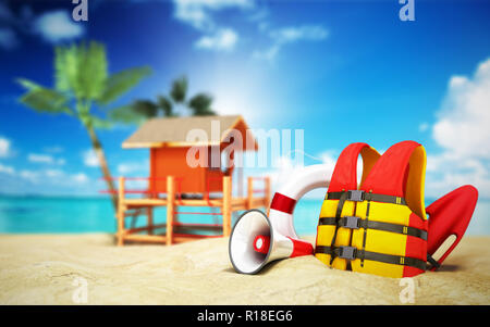 Secure beach concept Life jacket life ring and a horn and other objects on the sand 3render on white Stock Photo