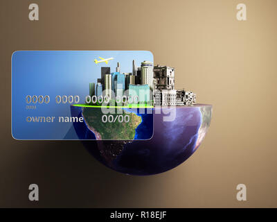 concept of new opportunities with credit cards a new city in the strength of a card a ruined city outside the credit card 3d render Stock Photo