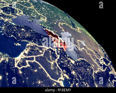 Caucasus region at night from orbit. Plastic planet surface with visible city lights. 3D illustration. Elements of this image furnished by NASA. Stock Photo