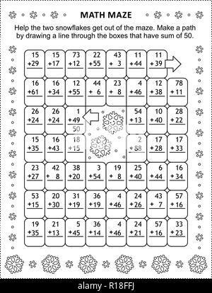 Math maze with addition facts: Help the two snowflakes get out of the maze. Make a path by drawing a line through the boxes that have sum of 50. Stock Vector