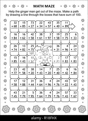 Math maze with addition facts: Help the ginger man get out of the maze. Make a path by drawing a line through the boxes that have sum of 100. Stock Vector