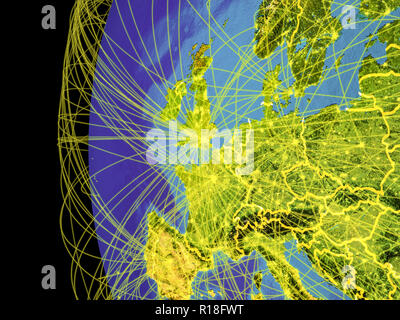 Western Europe from space on planet Earth with lines representing global communication, travel, connections. 3D illustration. Elements of this image f Stock Photo