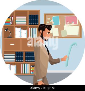 Businessman walking and reading document holding briefcase inside office building round icon vector illustration graphic design Stock Vector