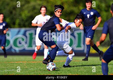 Opposing players in a physical battle for possession of the ball. USA. Stock Photo