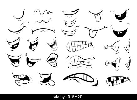 outline Cartoon Mouth Set . Tongue, Smile, Teeth. Expressive Emotions. Simple flat design isolated on white background Stock Vector