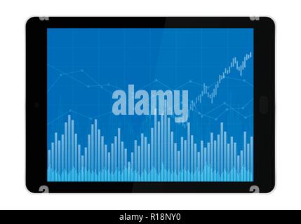 An illustration of a black realistic tablet with a touch screen and a blue business chart of growth and fall in stock, money or commodity prices with  Stock Vector