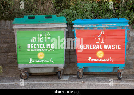 Bournemouth Dorset UK - 19 October 2018: Large council waste recyling bins Stock Photo