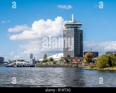 Adam Tower, Eye Filmmuseum and ferry from River IJ in Amsterdam, Netherlands Stock Photo