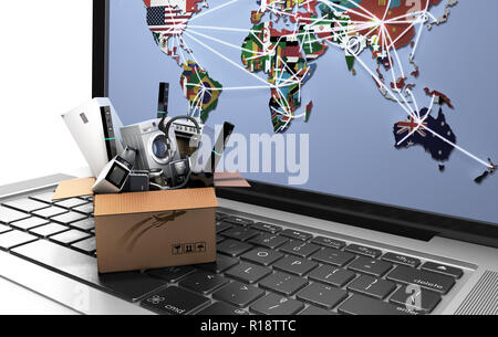 E-commerce or online shopping concept Home appliance in box on the laptop keyboard 3d illustration Stock Photo