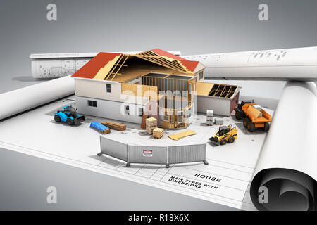 construction concept House in building process Three-dimensional image 3d render on grey Stock Photo