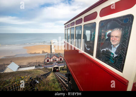 Labour leader Jeremy Corbyn riding the Saltburn Cliff Lift, a funicular railway, during his visit to Saltburn-by-the-Sea, North Yorkshire. Stock Photo