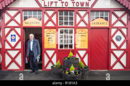 Labour leader Jeremy Corbyn exits the Saltburn Cliff Lift, a funicular railway, during his visit to Saltburn-by-the-Sea, North Yorkshire. Stock Photo