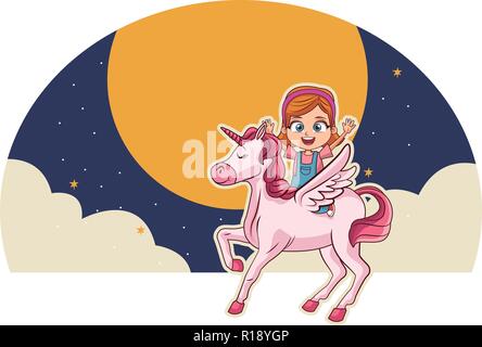 Girl riding unicorn cartoon flying at night in the sky vector illustration graphic design Stock Vector