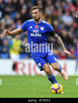 Cardiff City's Joe Ralls during the Premier League match at the Cardiff City Stadium. PRESS ASSOCIATION Photo. Picture date: Saturday November 10, 2018. See PA story SOCCER Cardiff. Photo credit should read: Simon Galloway/PA Wire. RESTRICTIONS: EDITORIAL USE ONLY No use with unauthorised audio, video, data, fixture lists, club/league logos or 'live' services. Online in-match use limited to 120 images, no video emulation. No use in betting, games or single club/league/player publications. Stock Photo