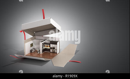 Concept apartment as a gift Kitchen interior in an open box 3d render on grey Stock Photo