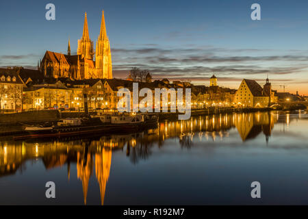 Evening view of the Stone Bridge, St. Peter's Church and the Old Town of Regensburg