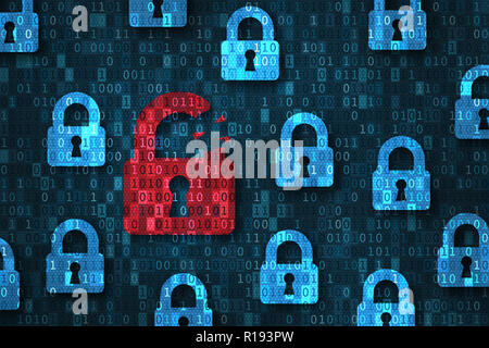 Security breach, system hacked alert with red broken padlock icon showing unsecure data under cyberattack, vulnerable access, compromised password, vi Stock Photo