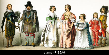 The figures represented here are all English people from the 1600s. They are, from left to right: Charles Prince of Wales, a nobleman, a woman of rank, Henrietta Maria, Consort of Charles I, daughter of Charles I, son of Charles I, a nobleman. Charles I was king of England, Scotland, and Ireland from 1625 until his execution in 1649. He was a Stuart and the second son of James VI of Scotland. The illustration dates to 1882. Stock Photo