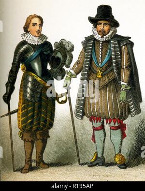 The figures represented here are all English people from the 1600s. They are, from left to right: Charles Prince of Wales and a nobleman. Charles  Prince of Wales became Charles I was king of England, Scotland, and Ireland from 1625 until his execution in 1649. He was a Stuart and the second son of James VI of Scotland. The illustration dates to 1882. Stock Photo