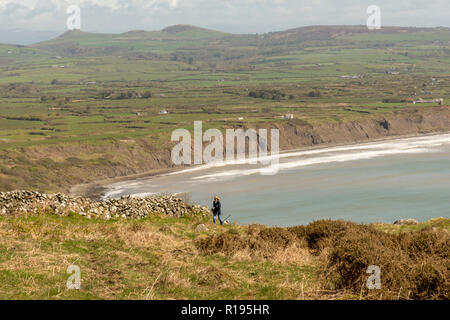 View from  the hillside at Rhiw, Gwynedd ,North Wales looking onto Hells Mouth Bay part of the Llyn Peninsula walk along the coastal path Stock Photo