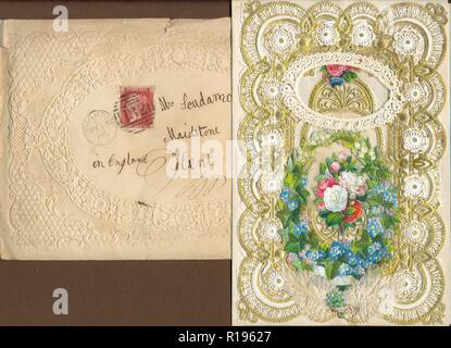 Elaborate layered Victorian Valentine with original envelope 1866 Stock Photo